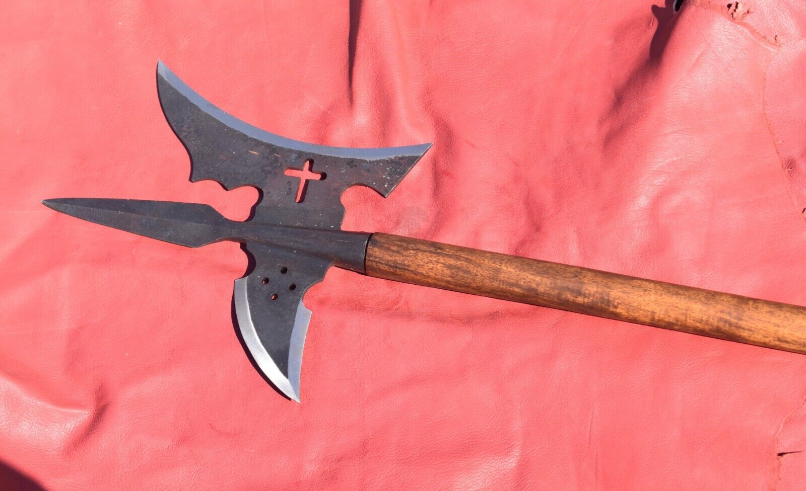 18th Century Medieval Hand Forged Cross Halberd With Wooden Handle.
