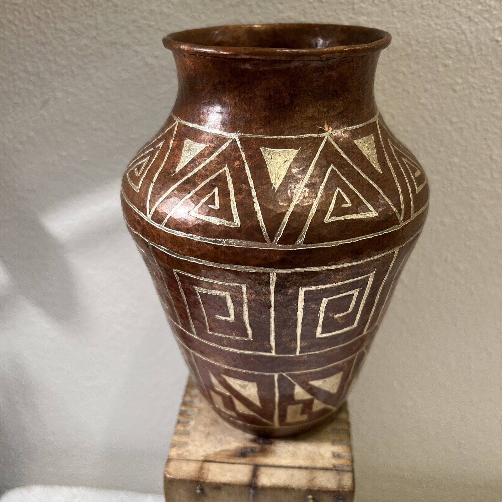 Vintage Copper Vase Native American motif engraved silver