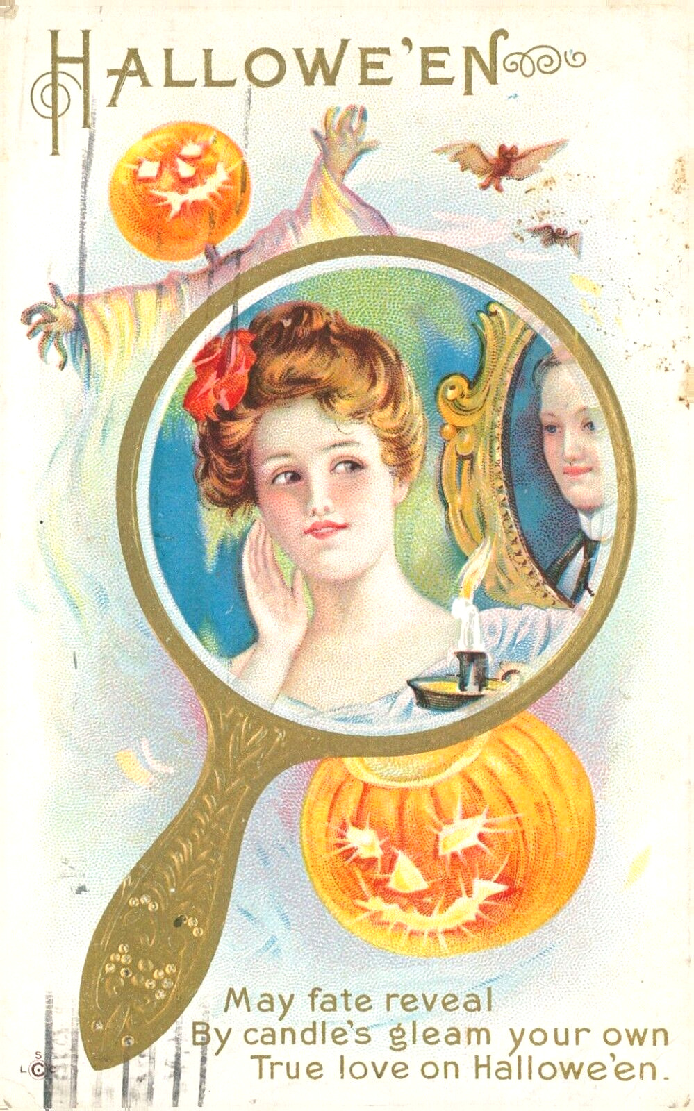 Early 1900\'s LSC. Co. Series #248 Halloween Postcard Pumpkin, Lady in Mirror-FUN