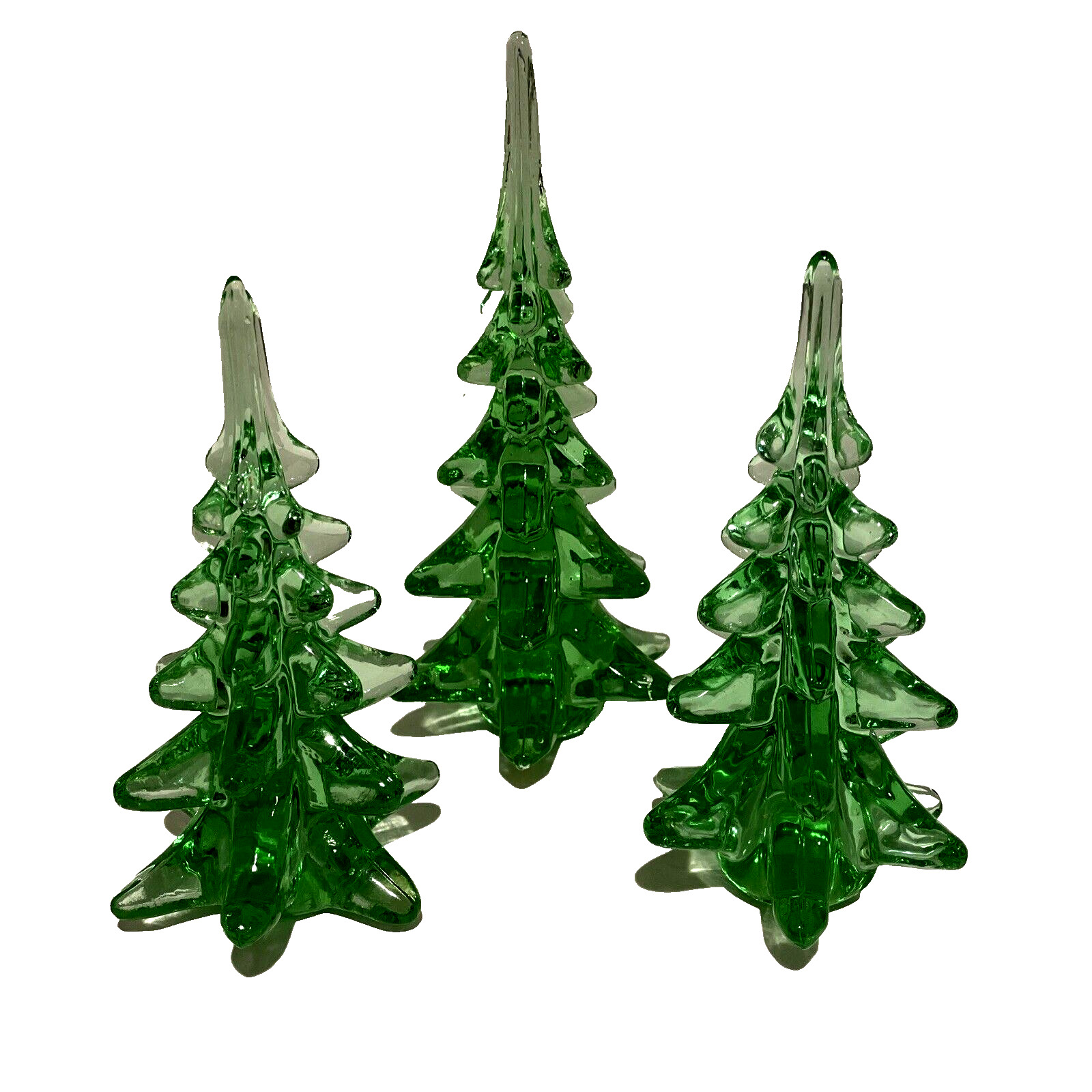 Vintage Crystal Green Glass Art Glass Christmas Tree Figurines Lot of 3 - 9 & 6\