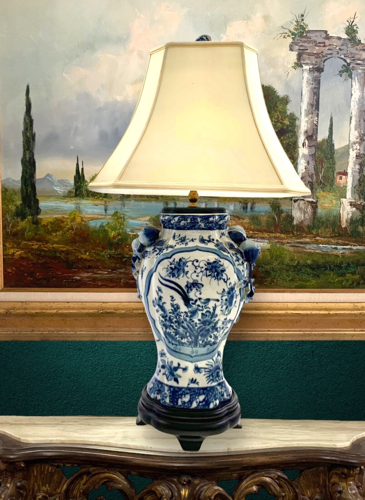 Lamp Oriental White and Blue Style Bird & Flower Porcelain Design Vintage Decor