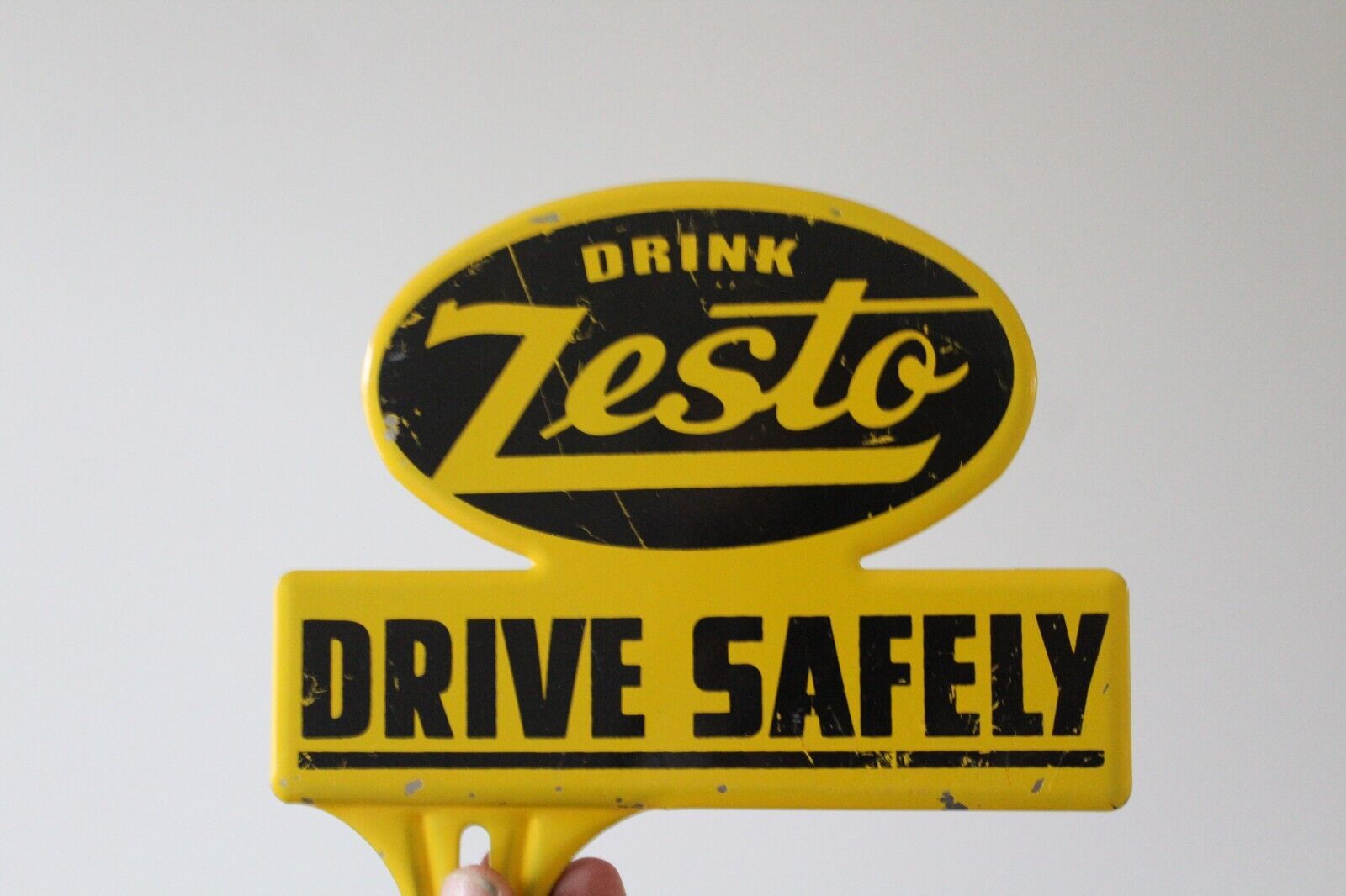 1950s DRINK ZESTO DRIVE SAFELY STAMPED PAINTED METAL TOPPER SIGN COKE SODA