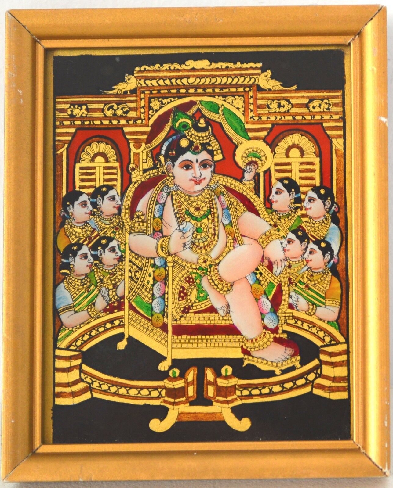 Tanjore Painting South INDIA Reverse Glass Krishna Radha Rukmini GOPI Miniature