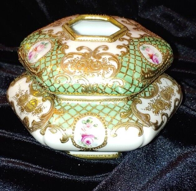 Antique Porcelain Hair Receiver NIPPON NORITAKE Hand Painted Dresser Trinket Jar
