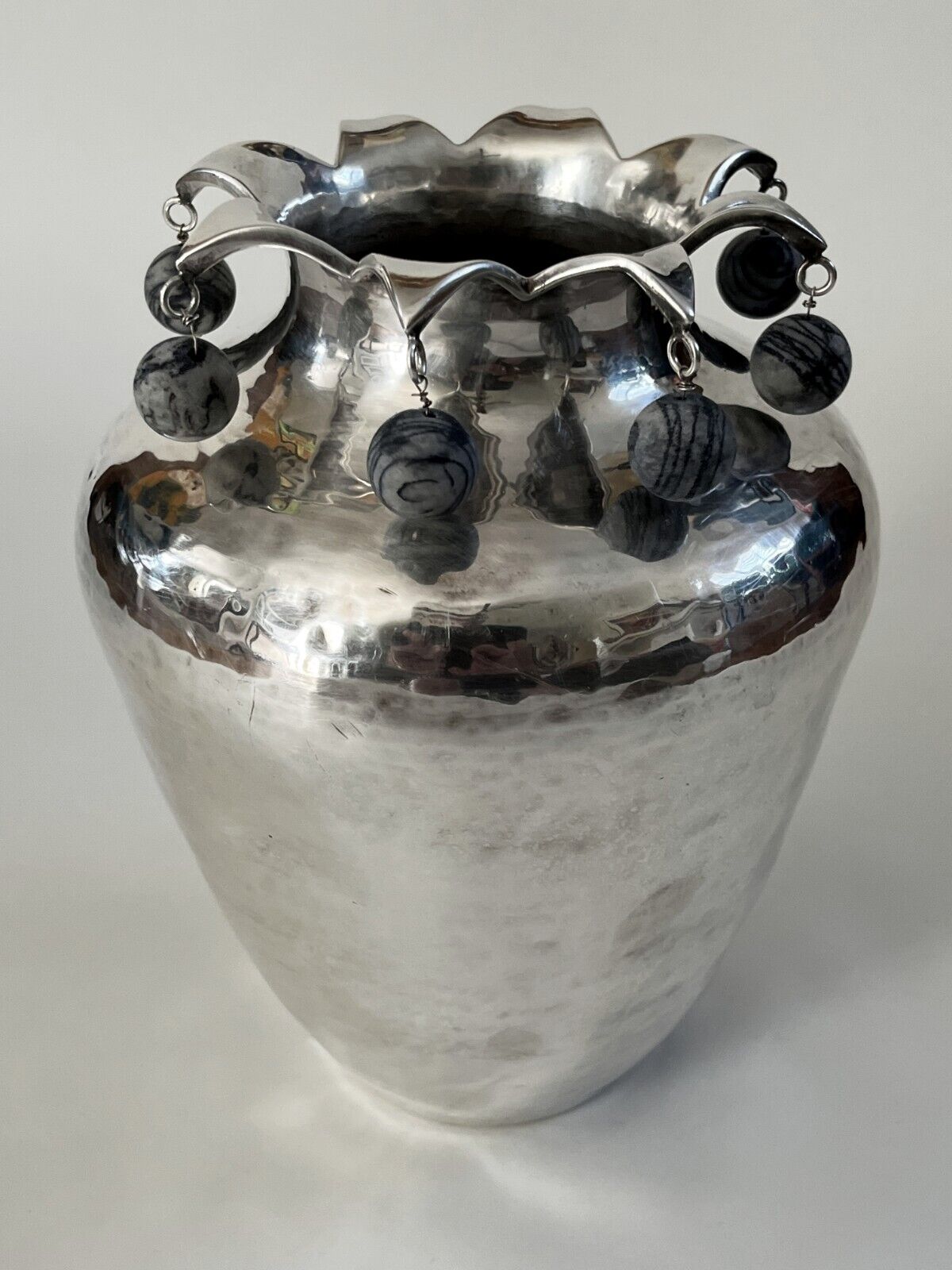 EMILIA LOS CASTILLO TAXCO MEXICO HAMMERED SILVER PLATE VASE W/ STONE BEADS AS-IS