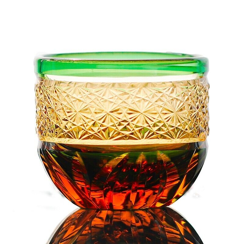 A06 Amber Green Shot Wine Sake Shochu Liquor Glass Edo Kiriko Carved Glasses 2oz
