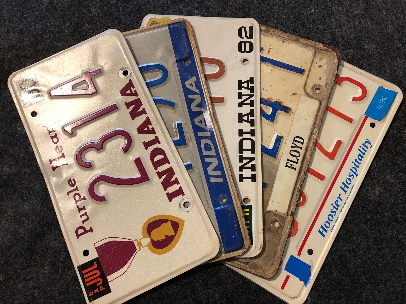 Lot of 5 Indiana License Plates Expired / Vintage, 1982, 1989, 1989, 1990, 1993