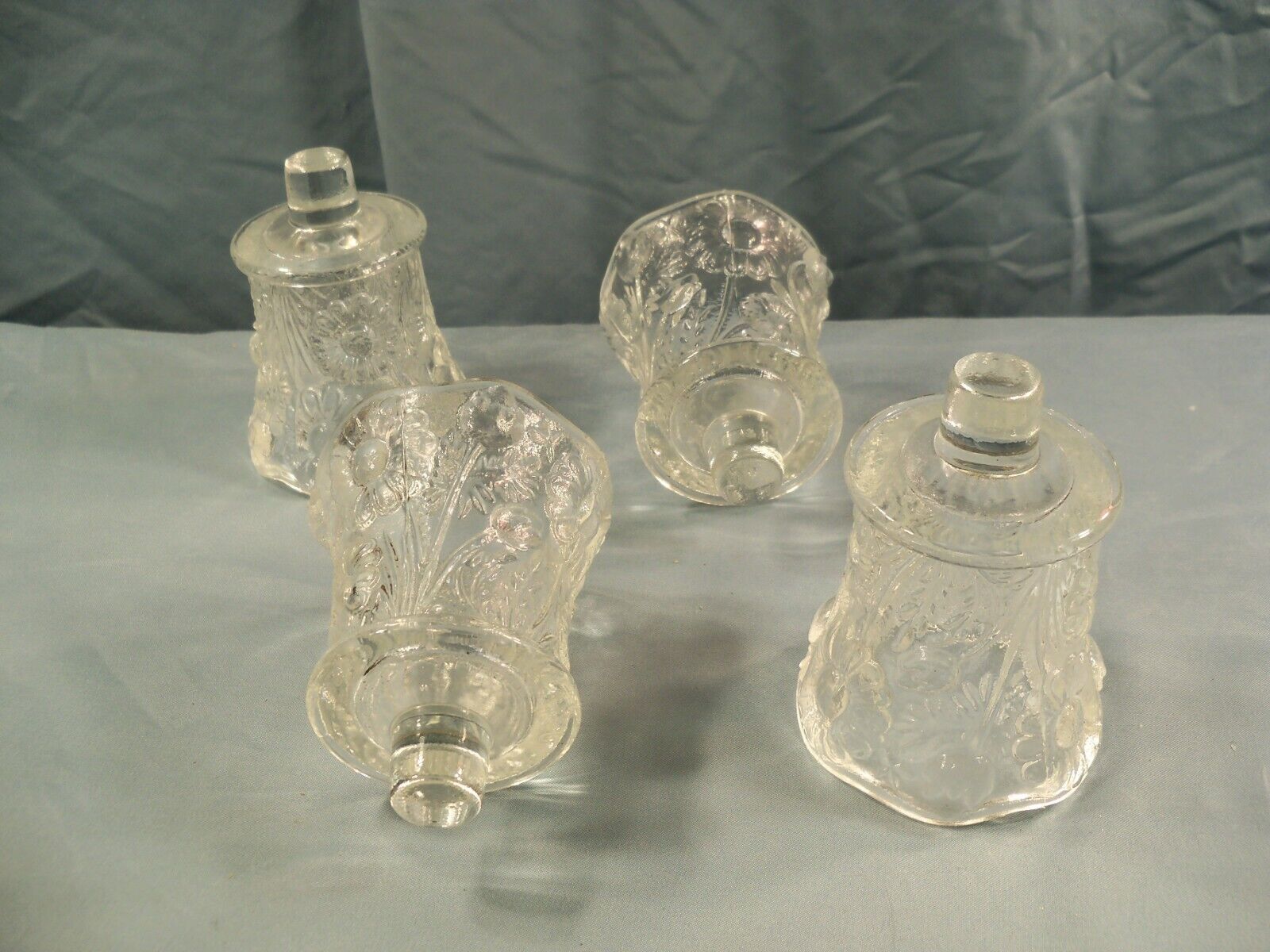 Lot of 4 Clear Glass Peg Pegged Votive Candle Holders w/ Floral Design