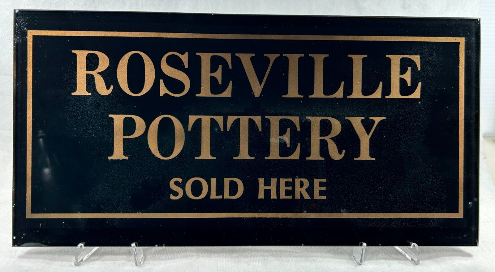 Roseville Pottery Black Glass Sold Here Dealer Advertising Sign Unframed 8x16\