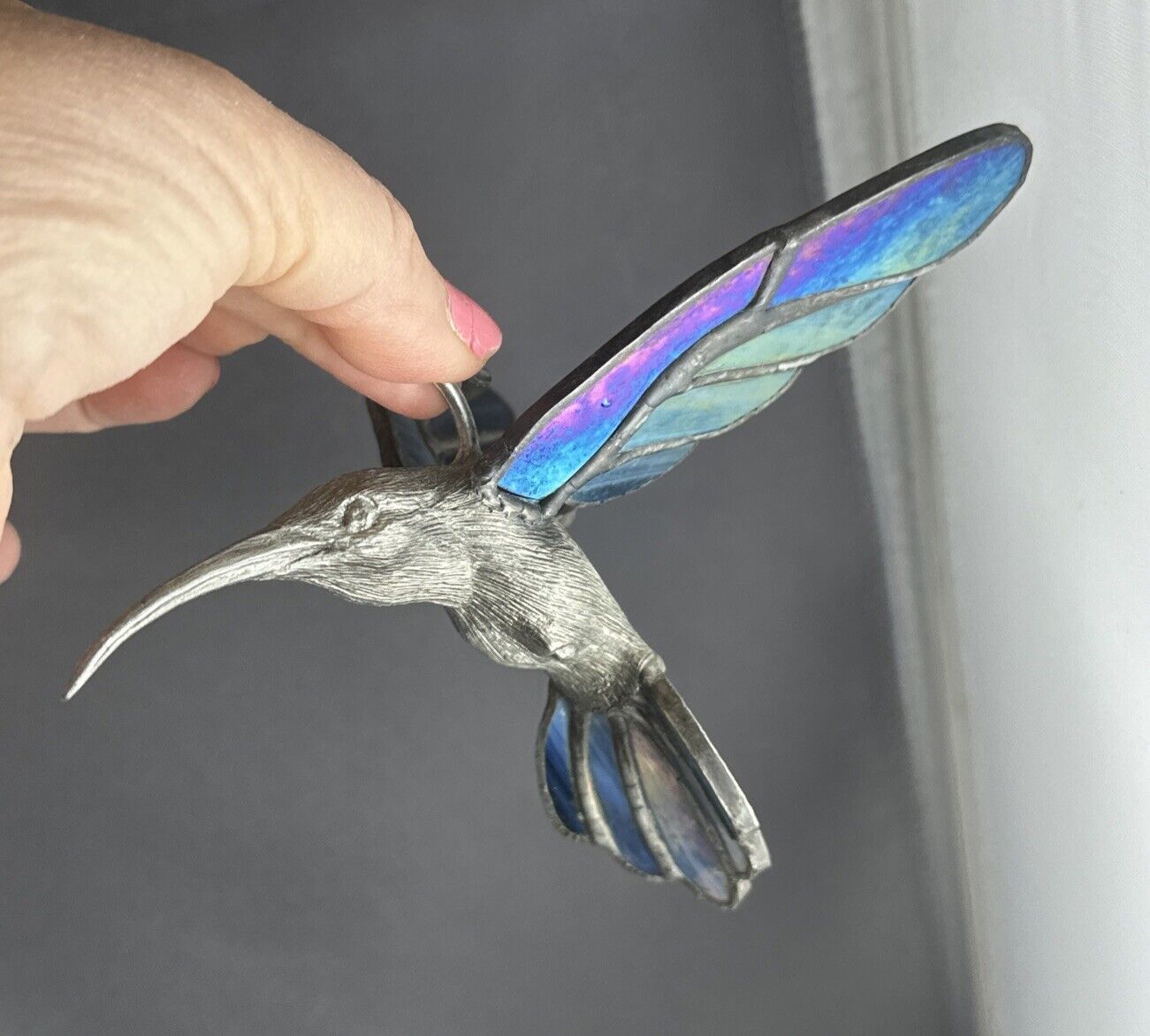 3-d Pewter Hummingbird With Stained Glass Wings