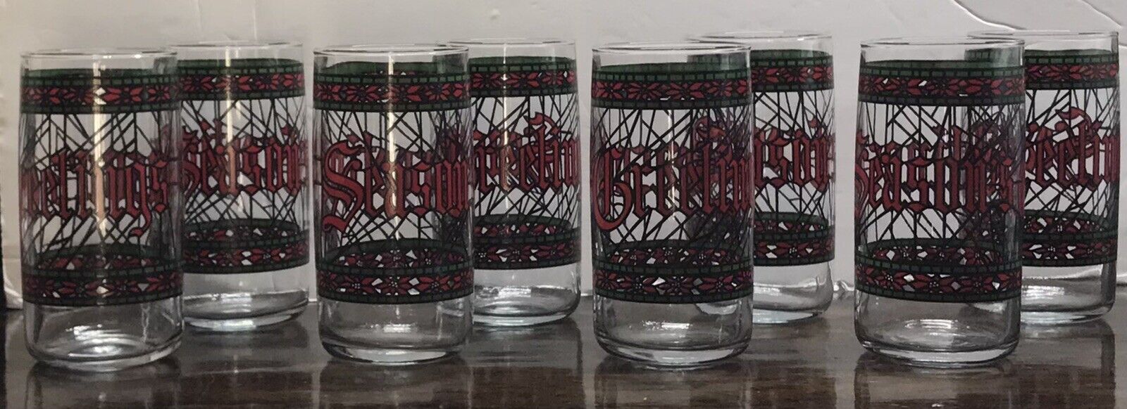 Lot of 8-Vintage Houze Season's Greetings Stained Glass 5” Christmas Tumblers