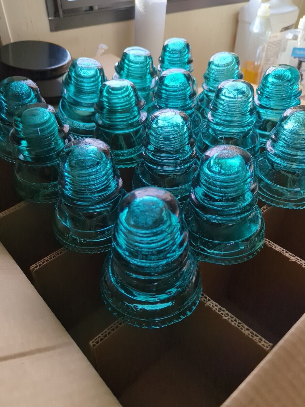 Lot Of 16 Hemingray Glass Insulators Blue/Green Beautiful 16 #40's 