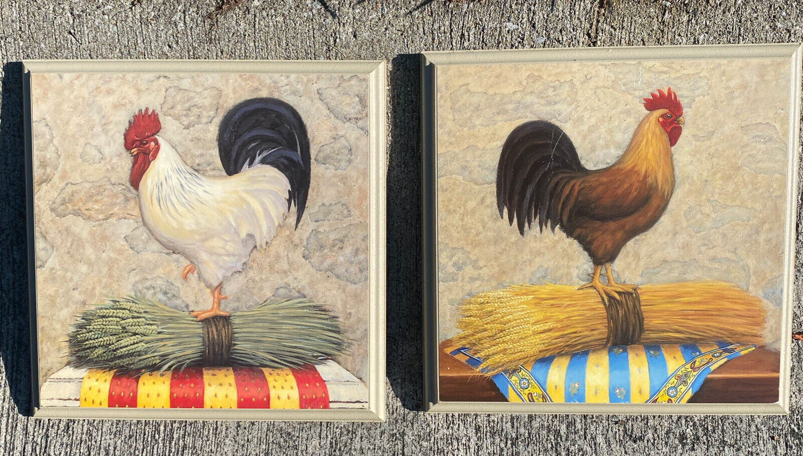 Chicken Rooster Picture Wall Hanging  (set of 2) 11 X 11” Picture On Top Of Wood
