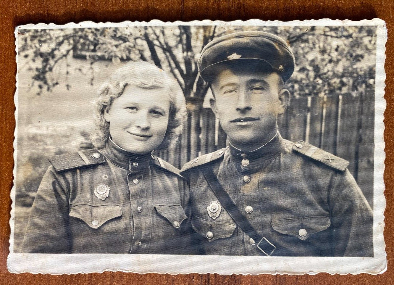 Beautiful military guy and girl in Red Army uniform, Vintage photo