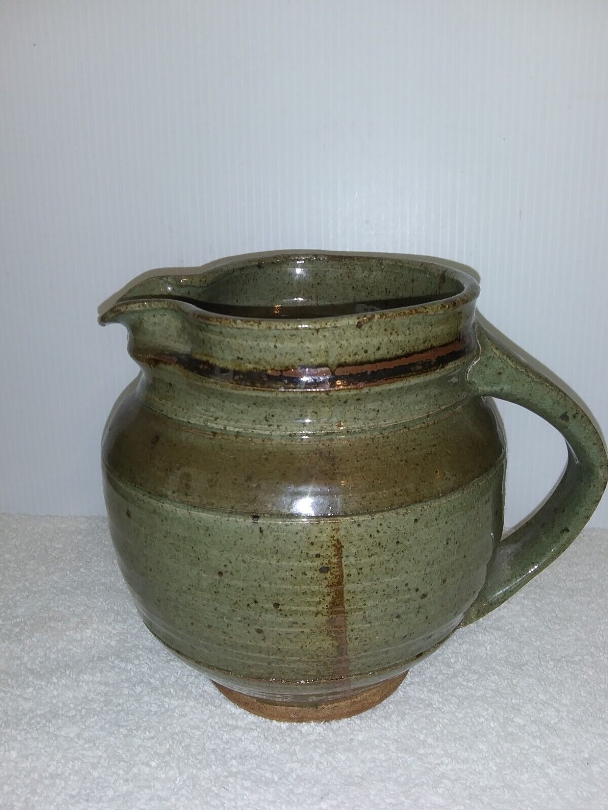 Stoneware Crock Pottery Pitcher Green/ Brown Glazed Holds 2 Quarts Vtg