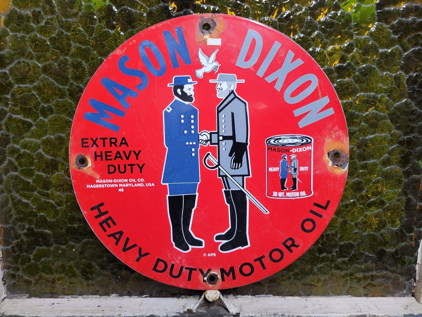 VINTAGE 1948 MASON DIXON PORCELAIN SIGN GAS MOTOR OIL ADVERTISING MILITARY MEN