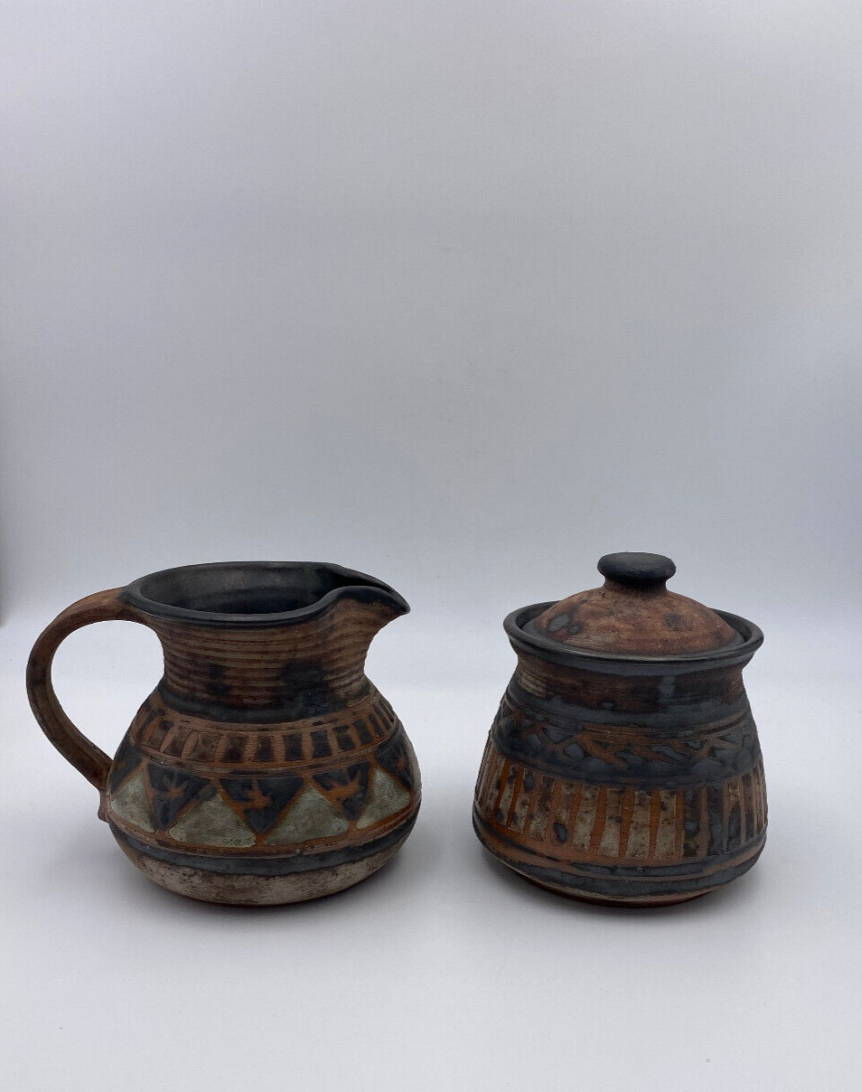 Vintage Berkshire Pottery Rustic Art Pottery Creamer and Sugar Bowl w/ Lid Set