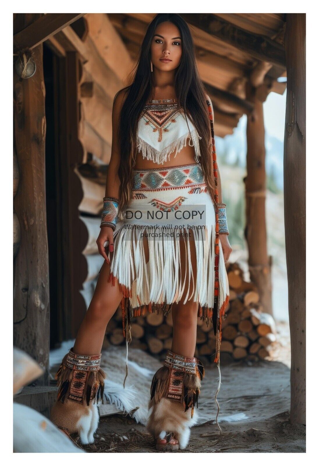 GORGEOUS YOUNG NATIVE AMERICAN LADY LOG CABIN 4X6 FANTASY PHOTO