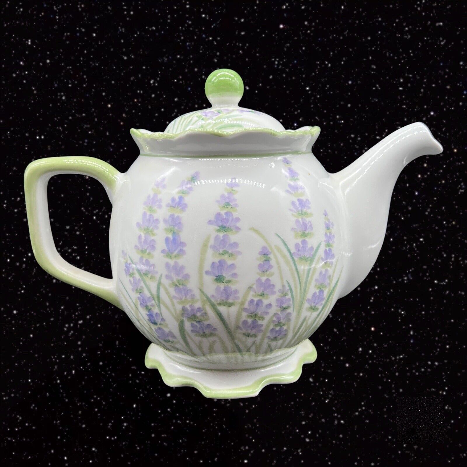 Andrea by Sadek Thailand Green Purple Flower TeaPot Tea Pot 7”T 10”W