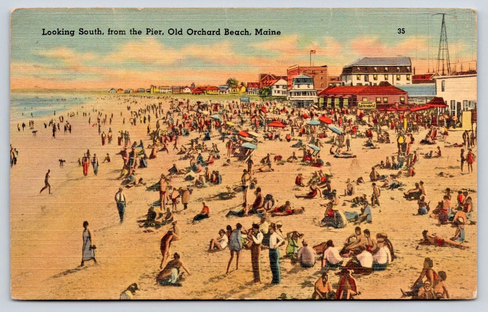 Postcard 1943 Linen Old Orchard Beach Maine Crowd Scene A9
