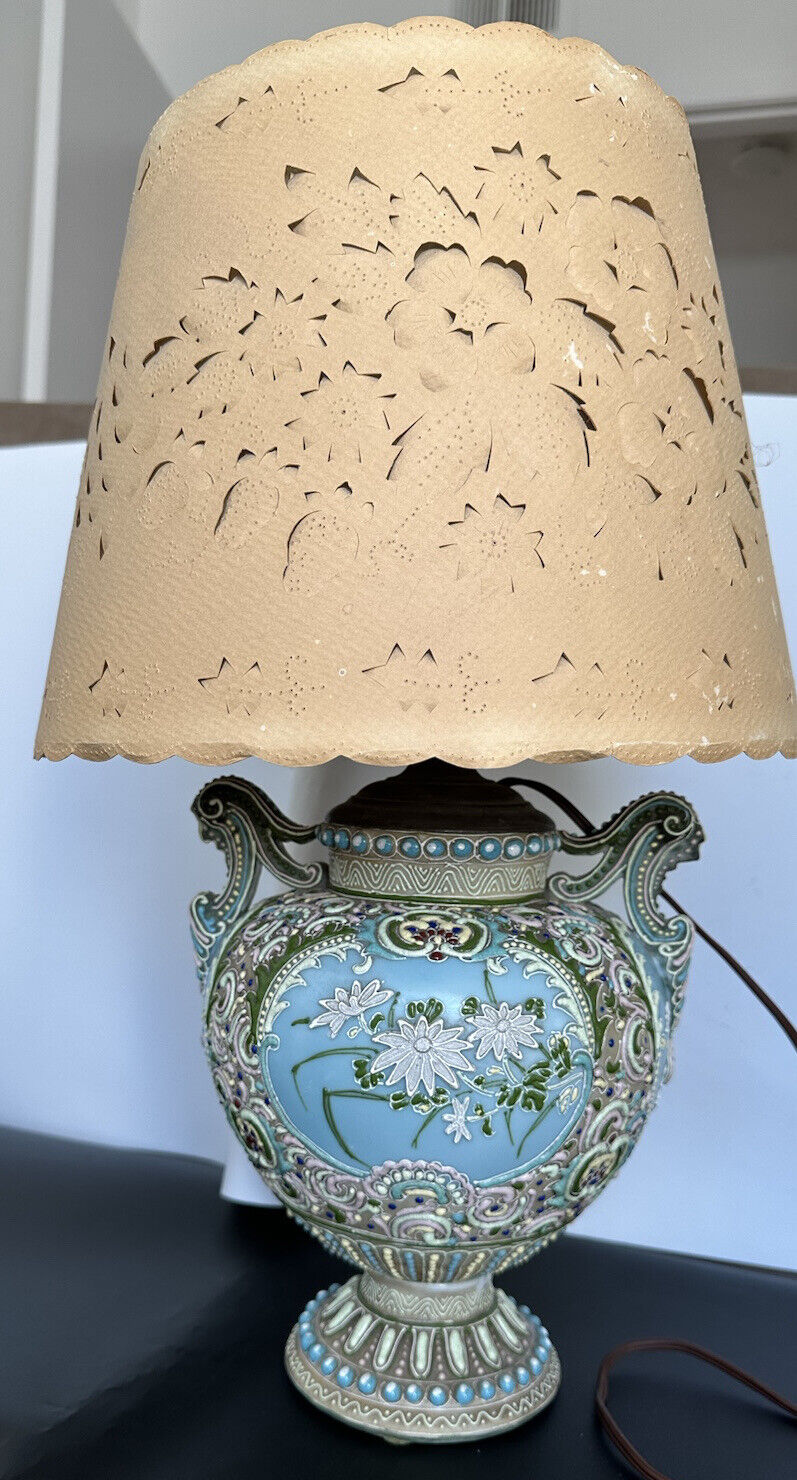 Antique Asian Moriage Hand Painted Porcelain Urn Lamp Original  Rice Paper Shade