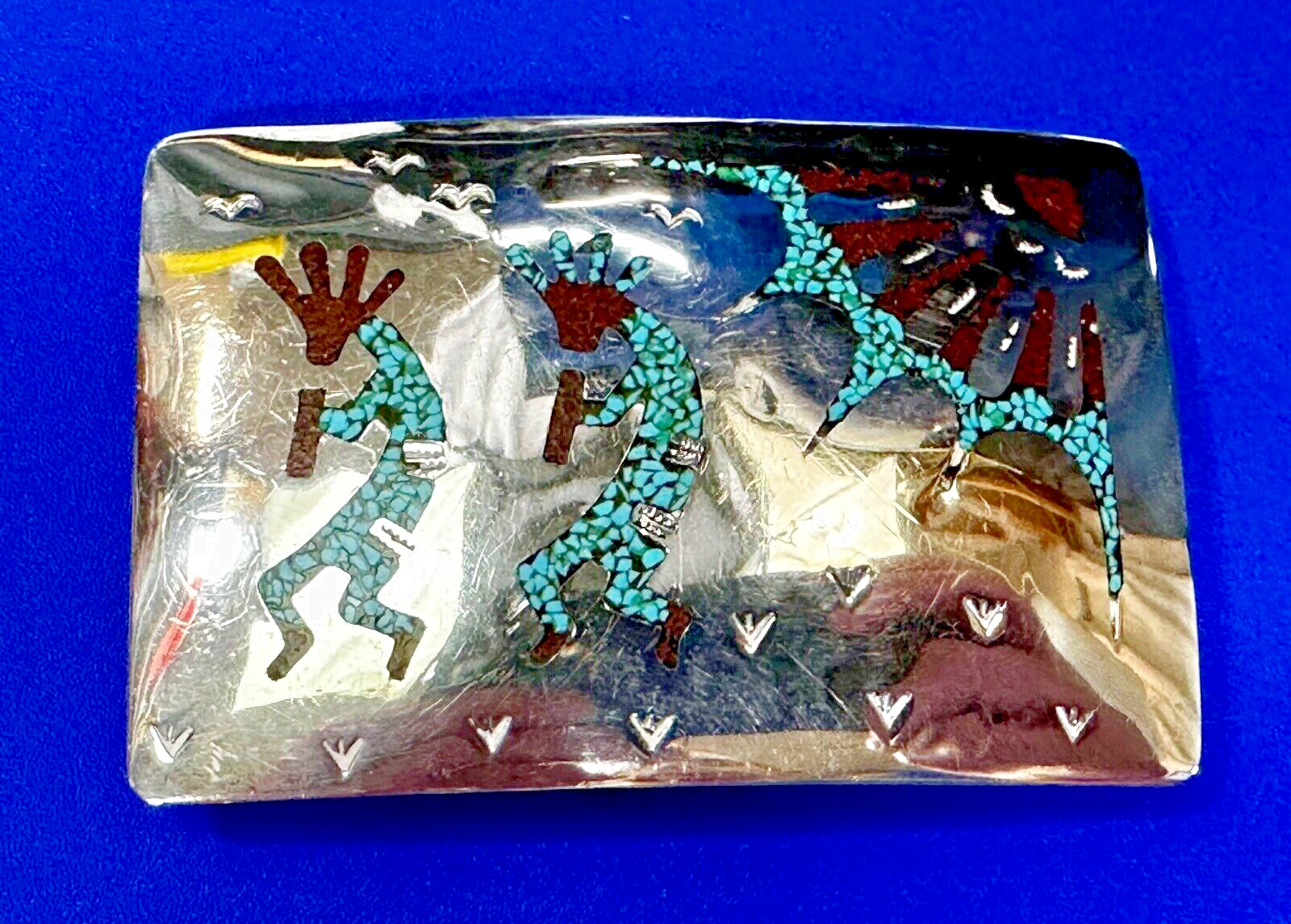 Hopi Native American Kokopelli Sterling Turquoise & Coral Inlay Belt Buckle
