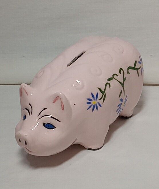 Vintage Ceramic Piggy Bank Pink Floral Design