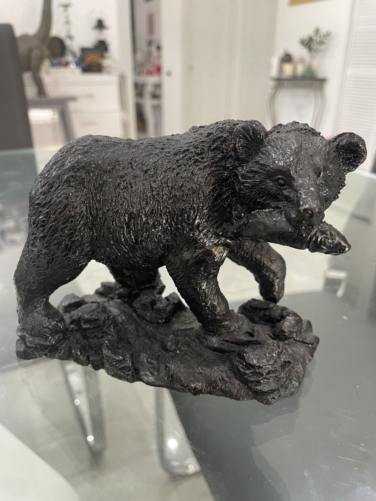 Collectable Black Bear Fishing  Statue Hand Crafted from Coal