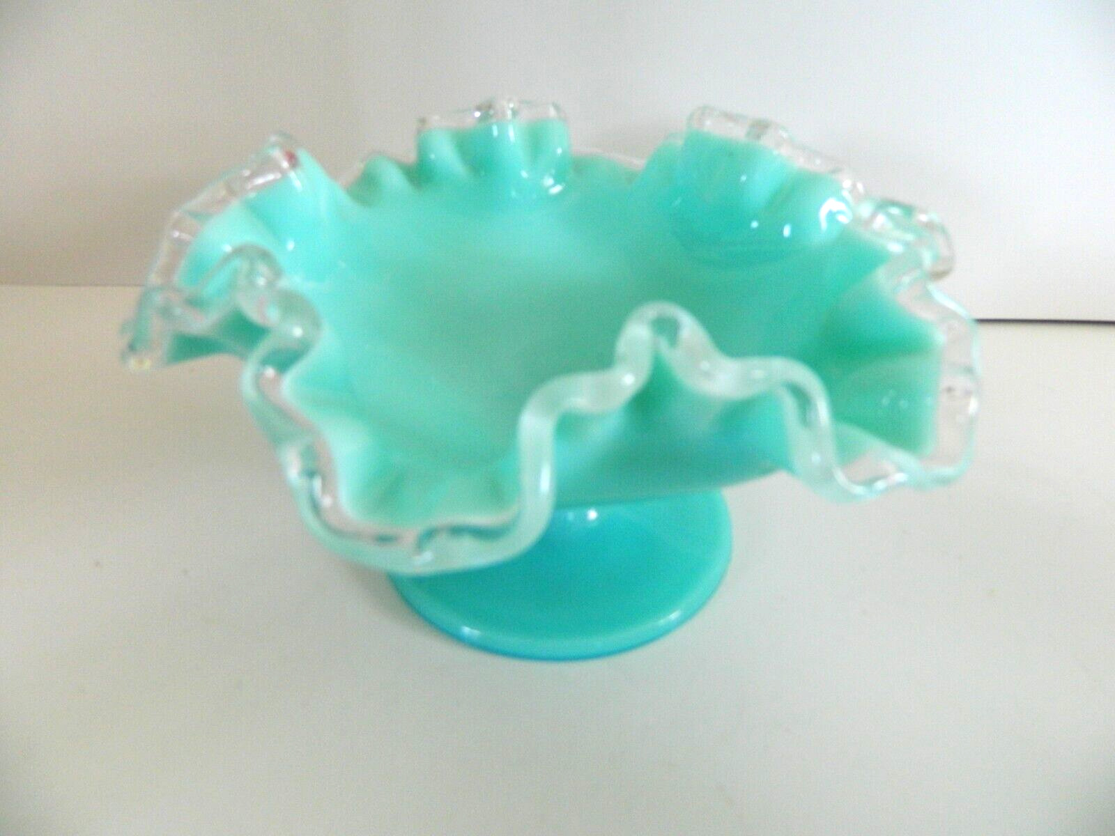 Fenton Turquoise Silver Crest Pedestal Candy Dish Double Crimped 1950s Footed