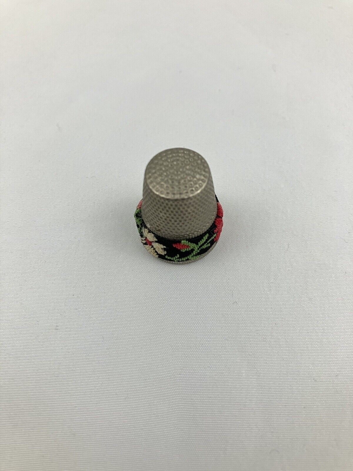 Thimble Silver Tone Metal Made In Austria Red Floral Embroidered Band