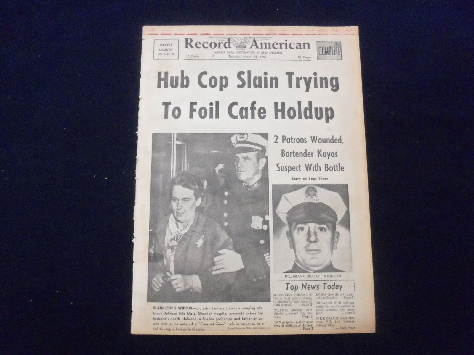 1969 MAR 18 BOSTON RECORD AMERICAN NEWSPAPER - COP SLAIN IN CAFE HOLDUP -NP 6334