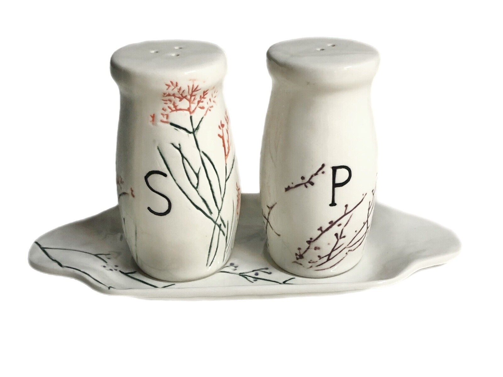 Anthropologie Dagny Salt Pepper Tray Set Handpainted Wildflowers Stoneware