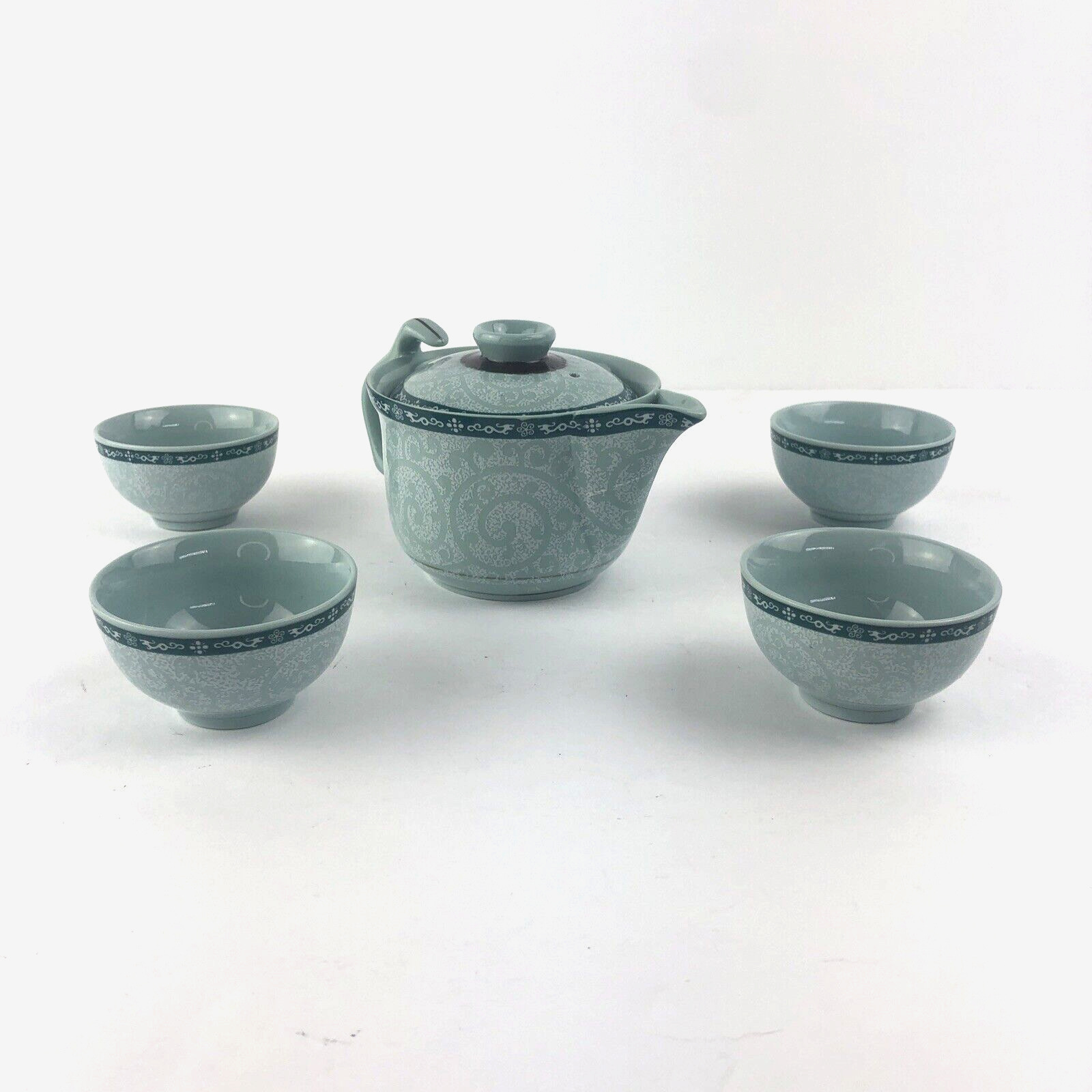 Vintage Japanese Teapot & Teacups Saki Set Blue Green Porcelain Marked On Bottom