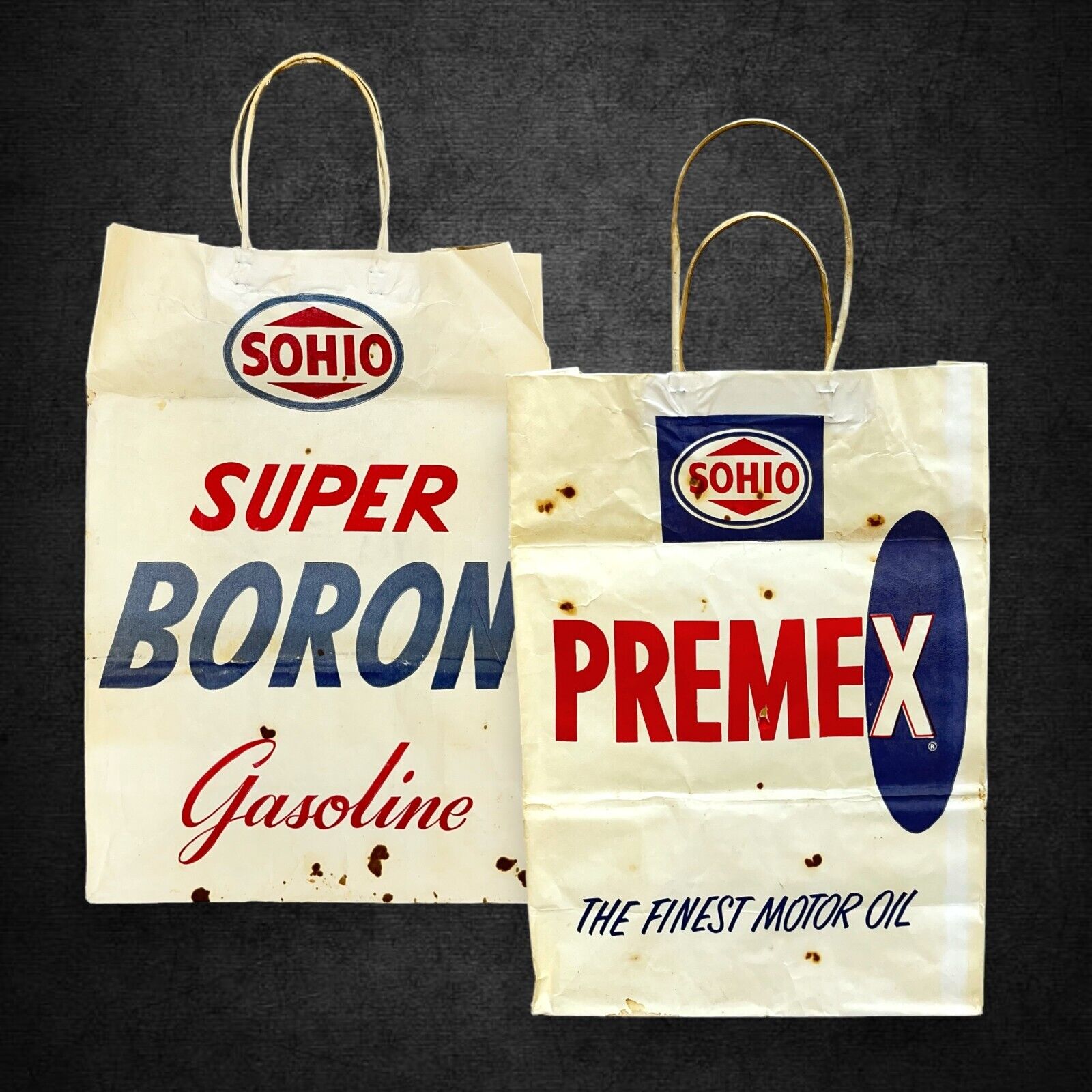 1960s Super Boron Gasoline Premex Motor Oil Sohio Paper Shop Bag Garage Decor