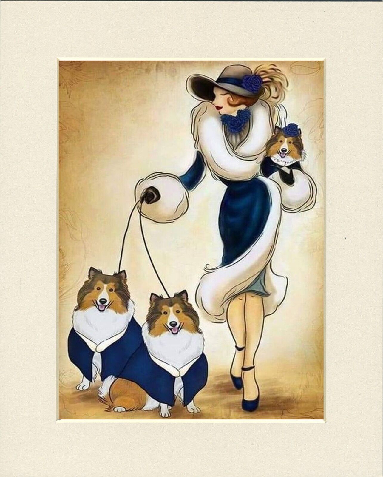 ROUGH COLLIE 3 DOGS & GLAMOUR LADY LOVELY DOG ART PRINT MOUNTED READY TO FRAME