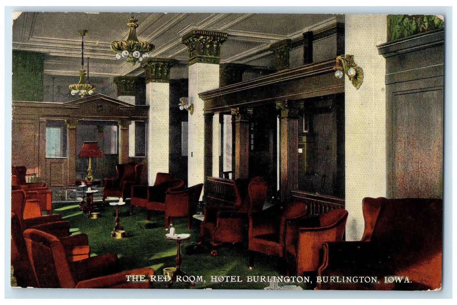 1912 The Red Room Hotel Burlington & Restaurant Burlington Iowa Antique Postcard