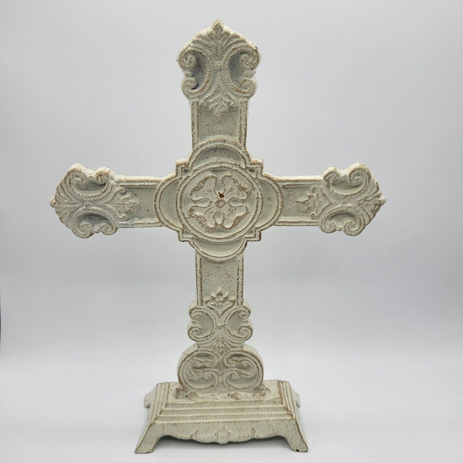 Vintage Cast Iron Cross Free Standing Cross 12×9 In White Washed Victorian Decor