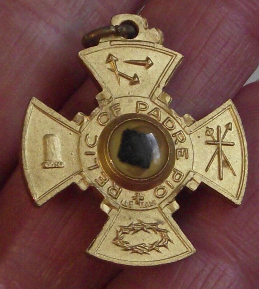 Saint St Padre Pio cross shape with roses gold tone relic medal pendant Italy