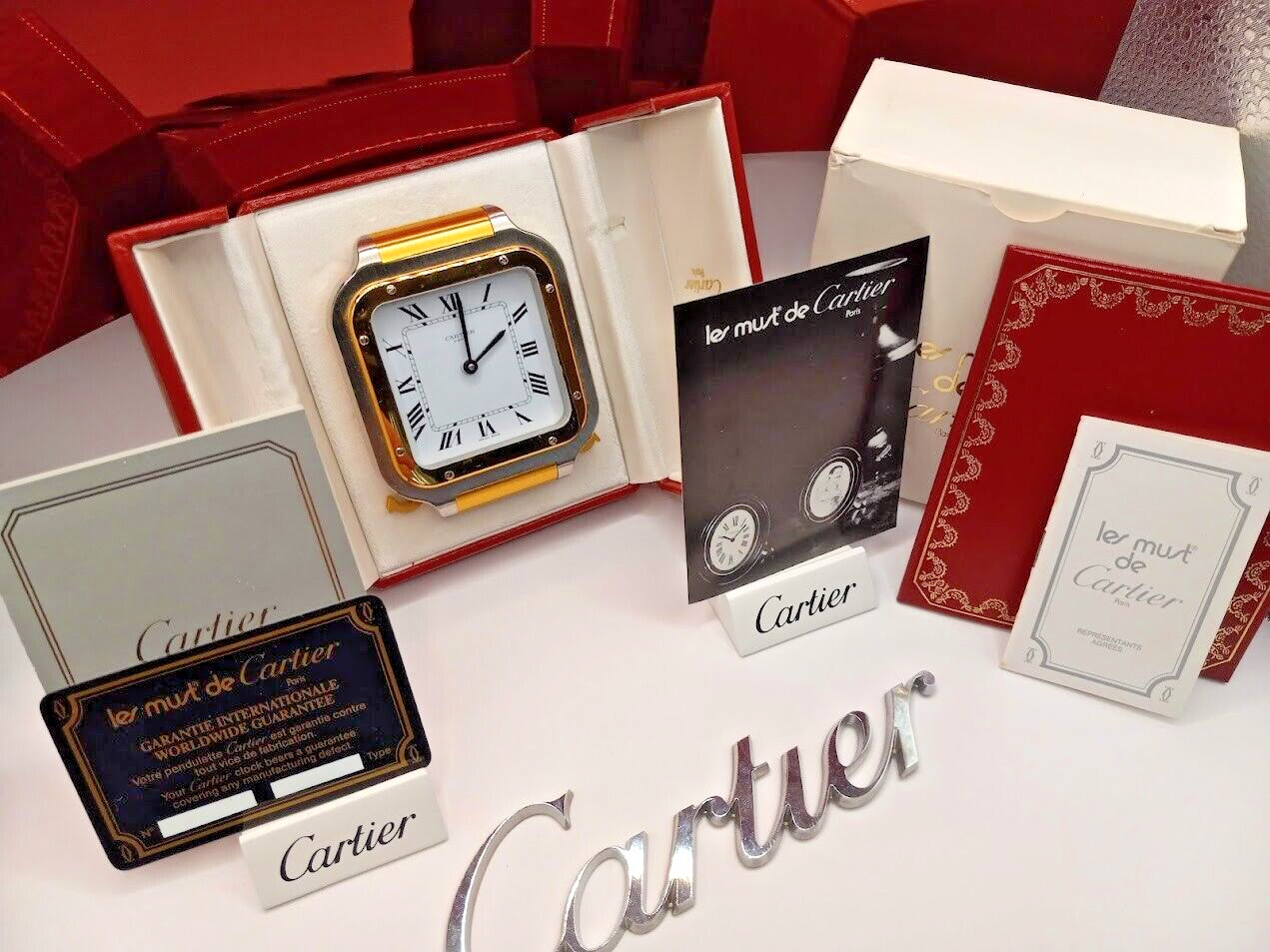 *** Cartier Santos Desk Clock Rare Gold / Complete with boxes papers Cond= 10 +
