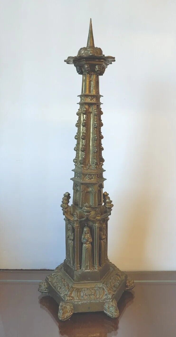 Antique 1800s Gothic Style Ornate Brass Religious Candelabra 21\