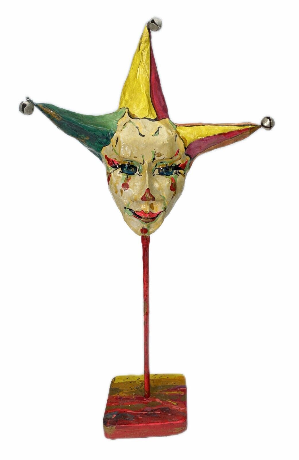 18” Jester Joker Clown Harlequin Art Figurine Paper Mache Mask Wood Base Bells