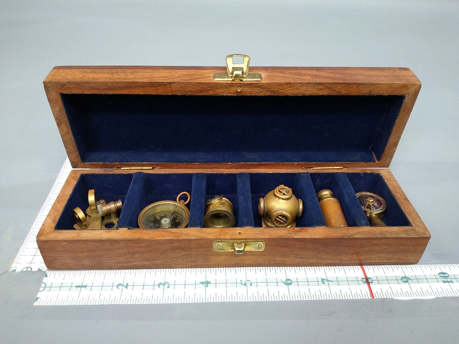 6 Vintage Brass Nautical Miniatures: Diving Helmet, Sextant, Telescope, Compass