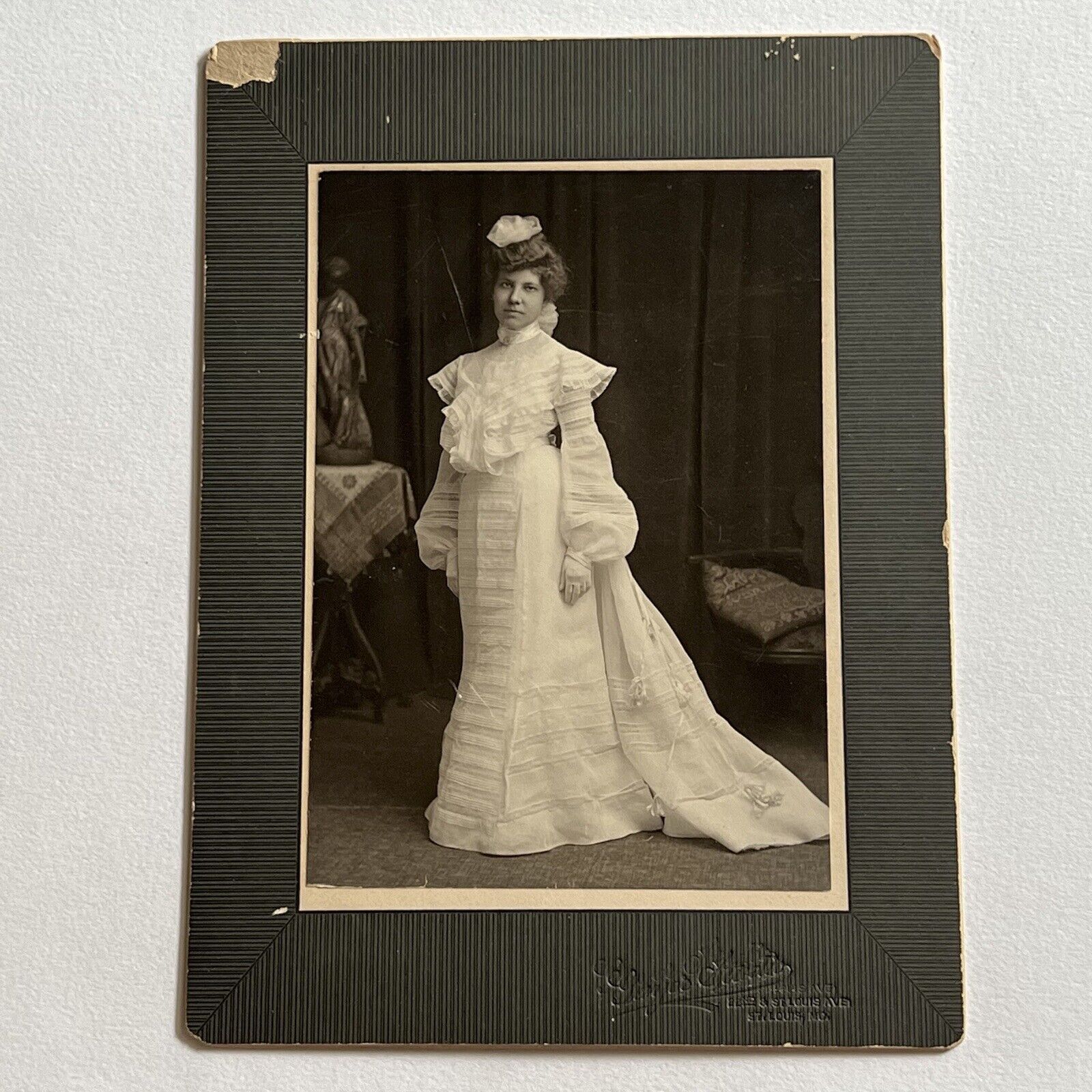 Antique Cabinet Card Photograph Beautiful Woman Wedding Dress Ghost Image Back