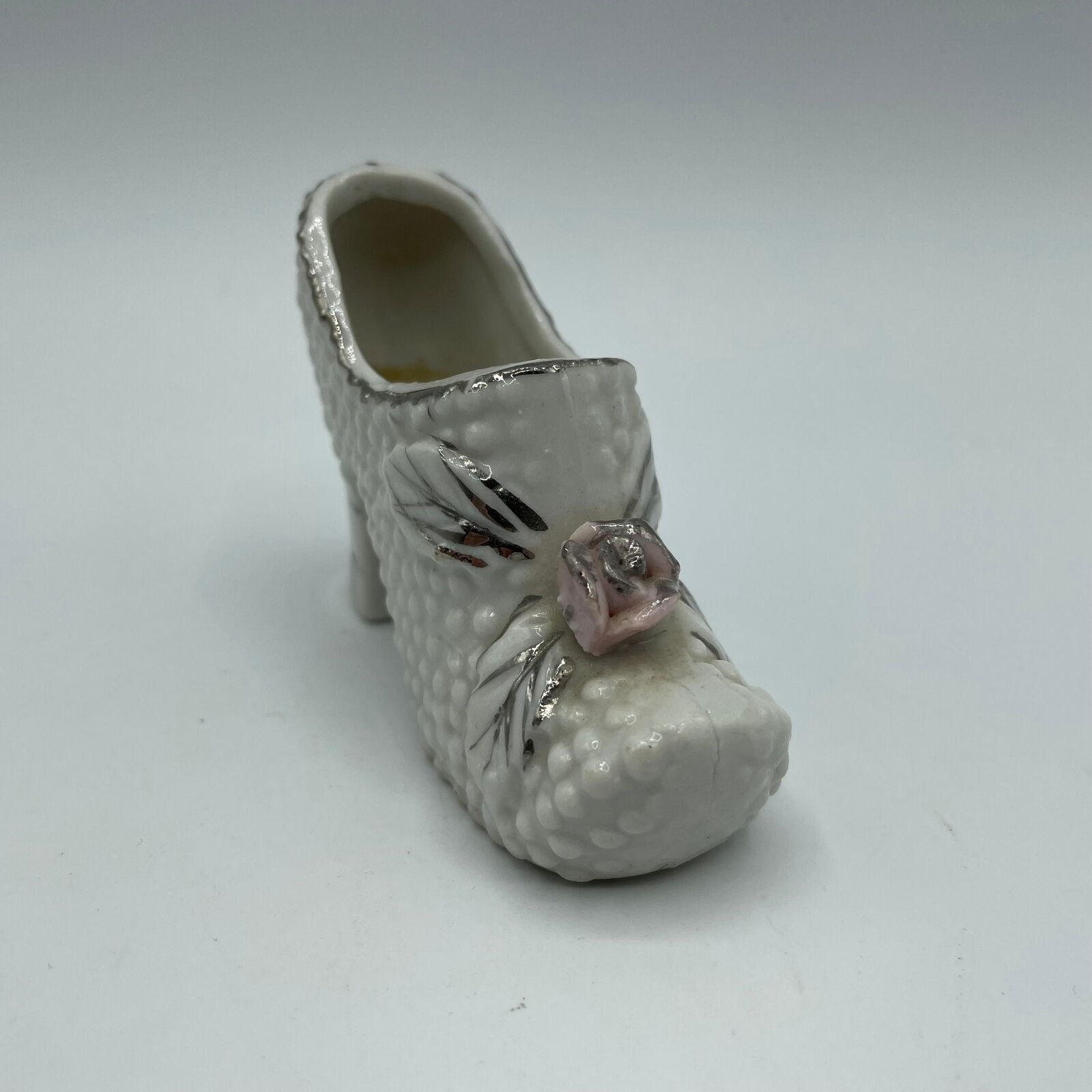 Vintage White High Heel Porcelain Shoe Figurine Pink Rose With Silver Trim