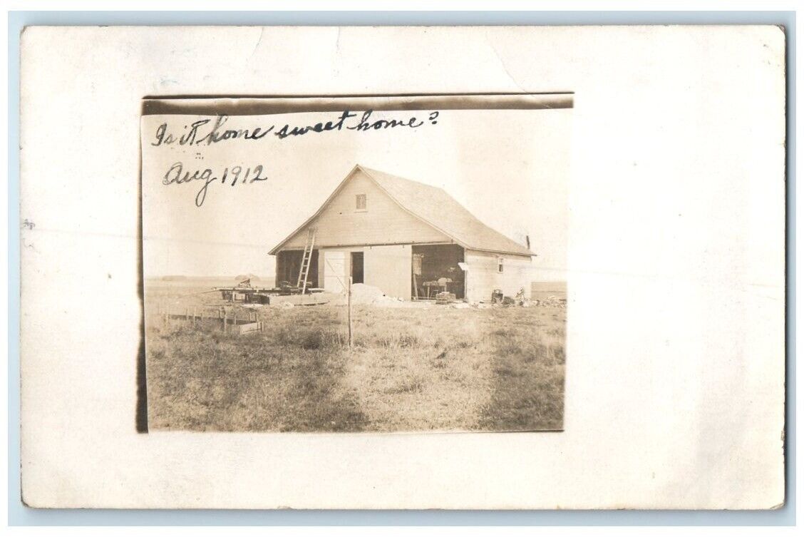 1912 Barn Farm Equipment View Ashland Kansas KS RPPC Photo Posted Postcard