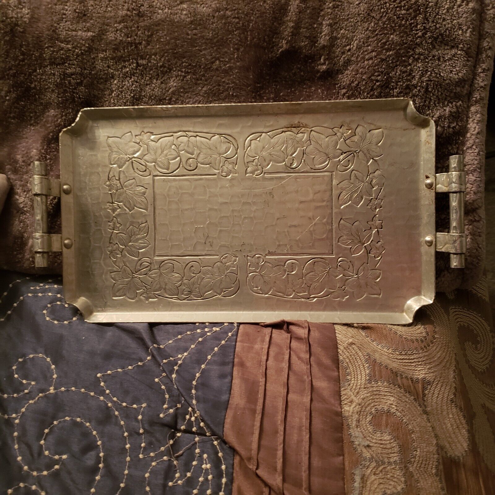 Vintage World Hand Forged Aluminum Serving Tray With Ivy Leaf Designs 16”x 8 ½”
