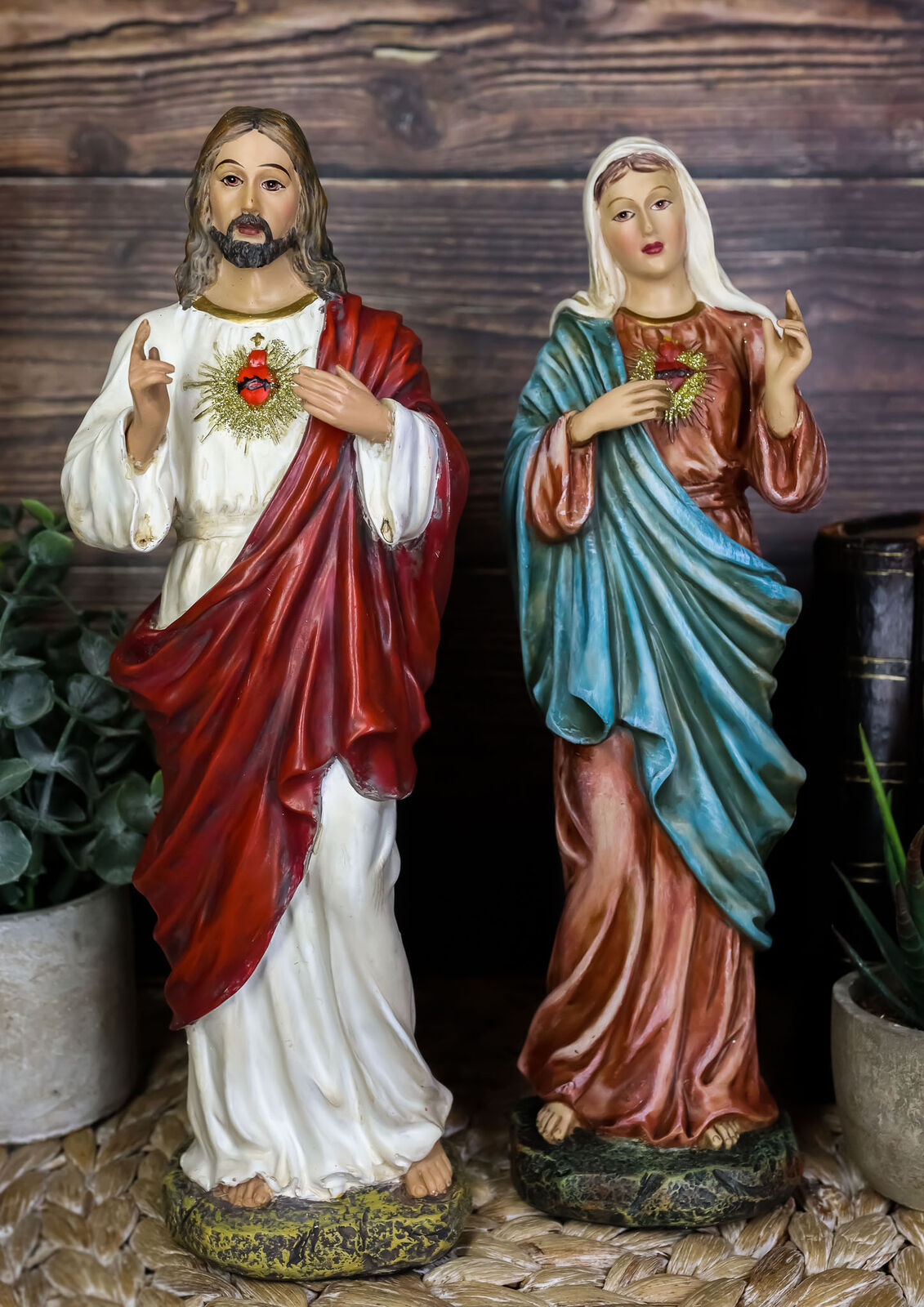 Sacred Heart Of Mary And Jesus Christ Statue Set Catholic Devotional Figurines