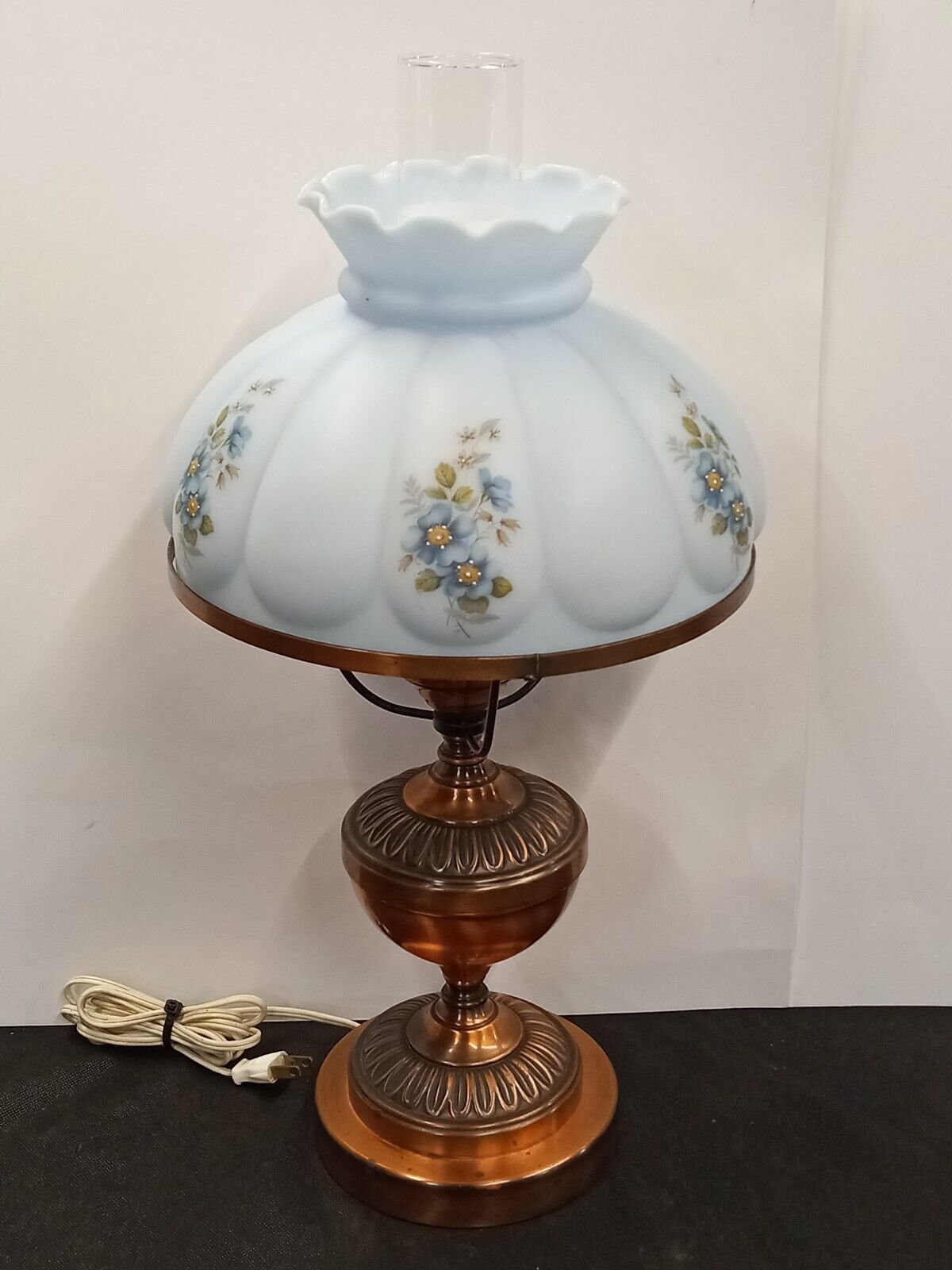  FENTON LGT BLUE HUE  Floral Glass Globe Tripple Arm Lamp Vintage Granny Core.
