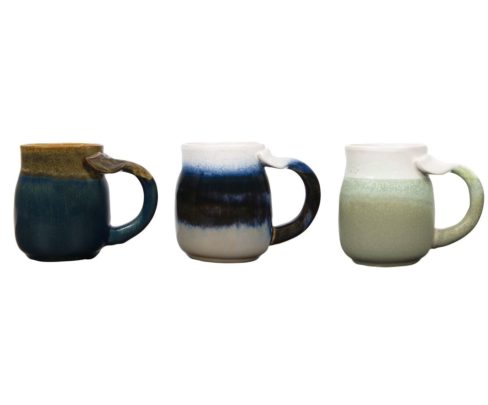 Creative Co-Op Stoneware Mug with Whale Tail Shaped Handle (Set of 3 Colors)