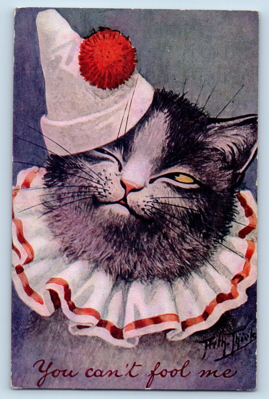 Theil Artist Signed Postcard Cat With Cone Hat You Cant Fool Me Abbotsford WI